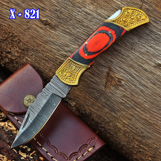 Handmade Forged Damascus Steel Folding Blade Pocket Knife Lock Back - PakkaWood Handle