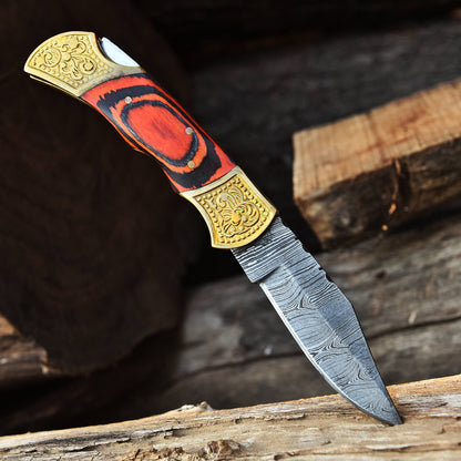 Handmade Damascus Folding Knife Outdoor Adventure Knife With Sheath