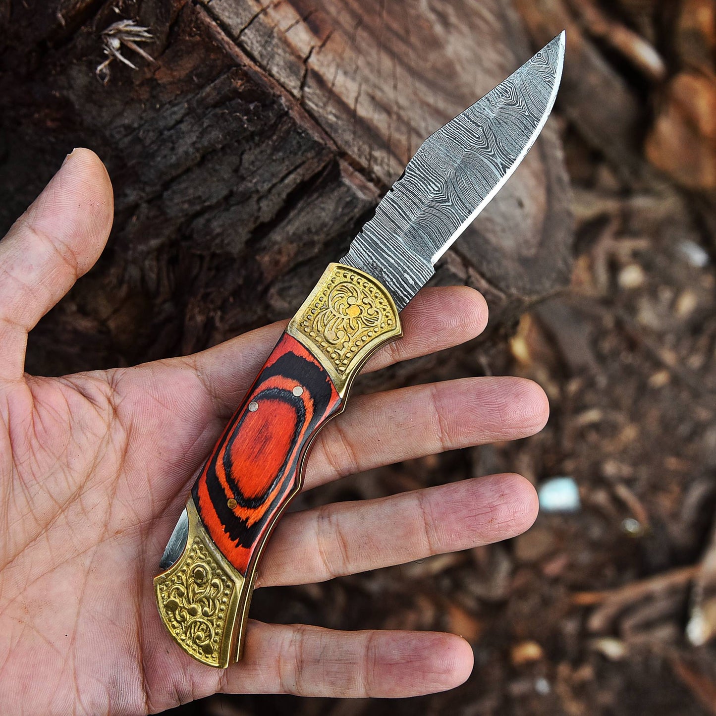Handmade Damascus Folding Knife Outdoor Adventure Knife With Sheath