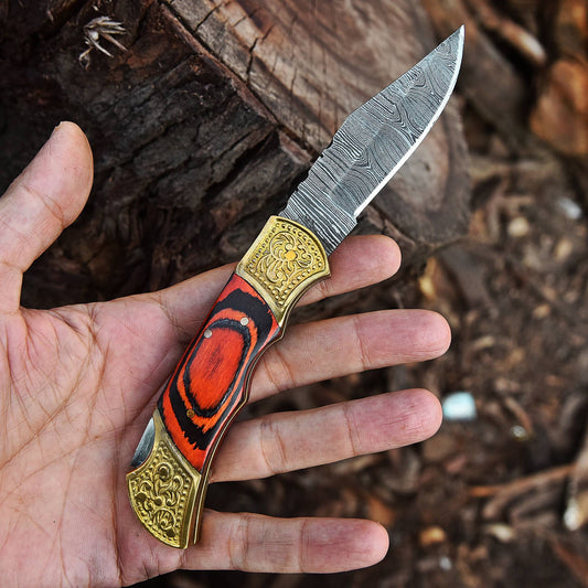 Handmade Damascus Folding Knife Outdoor Adventure Knife With Sheath