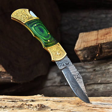 Handmade Damascus Steel Folding Blade Pocket Knife-Green PakkaWood Handle