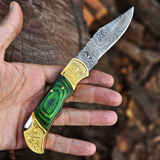 Handmade Damascus Steel Folding Blade Pocket Knife-Green PakkaWood Handle