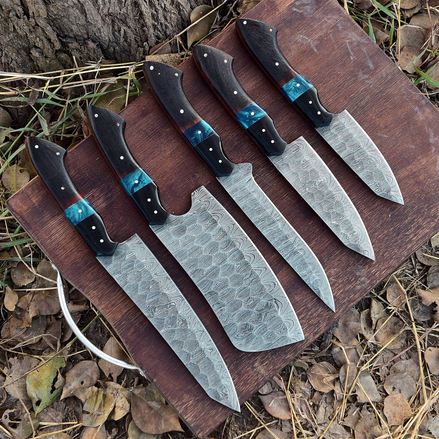 Handmade Damascus 5 PCS Kitchen Knife Set Chef Cutlery Set Wood Resin Handle