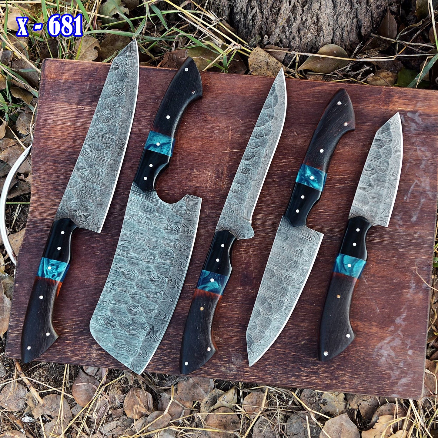 Handmade Damascus 5 PCS Kitchen Knife Set Chef Cutlery Set Wood Resin Handle