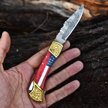 Handmade Damascus Lock Black Folding Blade Pocket knife-Flag Handle-