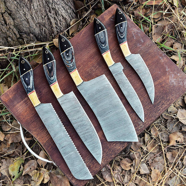 The Orchid - Handmade Damascus Chef Knife Set - 5 Pieces Forged Kitchen Knives Set x-690