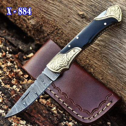 Handmade Damascus Steel Camping Hiking EDC Pocket Knife With Sheath