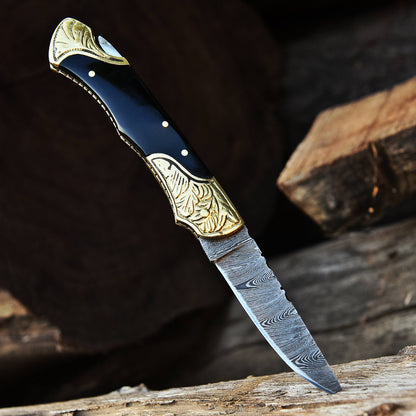 Handmade Damascus Steel Camping Hiking EDC Pocket Knife With Sheath