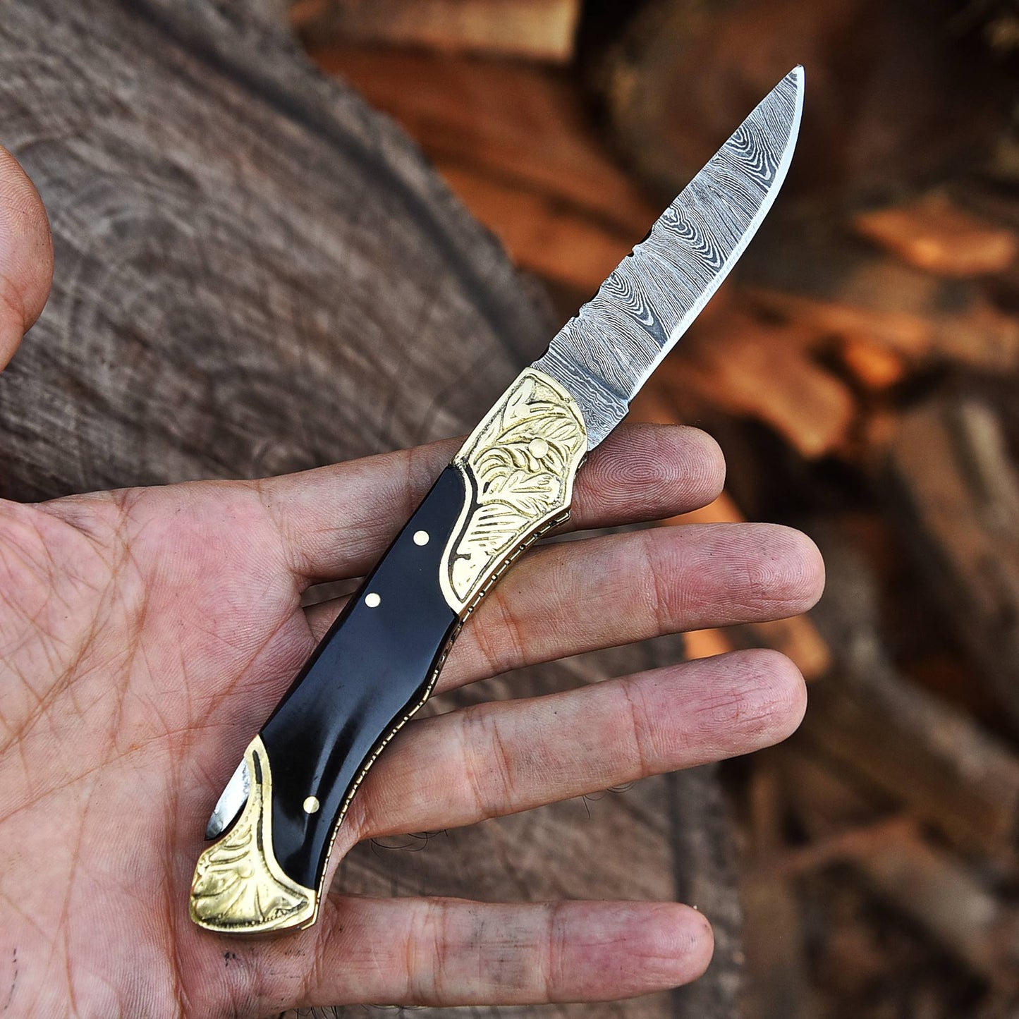 Handmade Damascus Steel Camping Hiking EDC Pocket Knife With Sheath