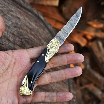 Handmade Damascus Steel Camping Hiking EDC Pocket Knife With Sheath