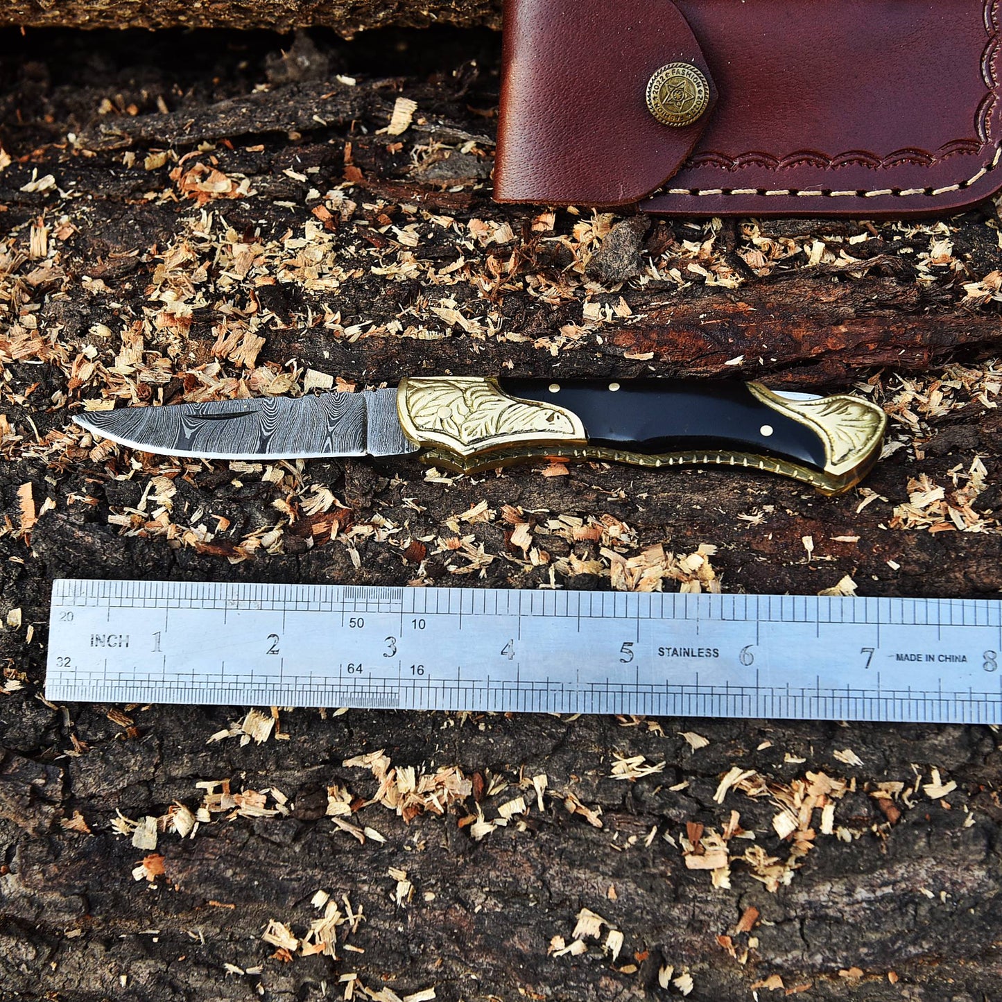 Handmade Damascus Steel Camping Hiking EDC Pocket Knife With Sheath