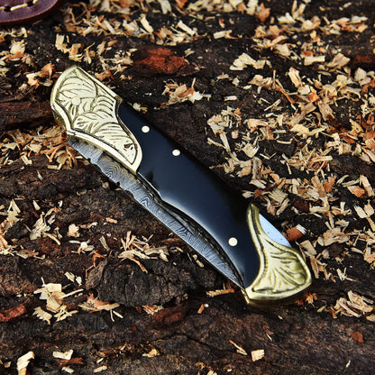 Handmade Damascus Steel Camping Hiking EDC Pocket Knife With Sheath