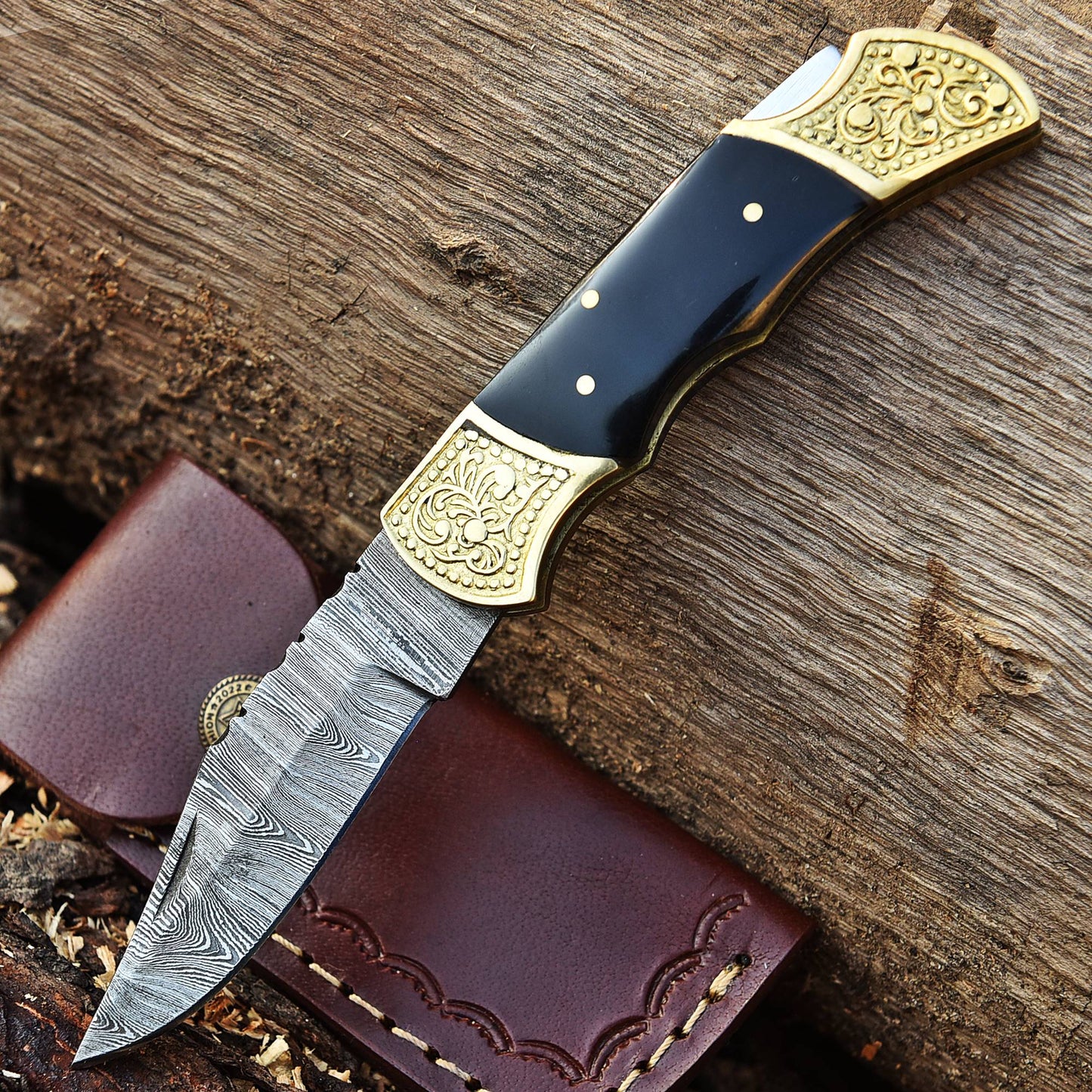 Handmade Damascus Steel Folding Blade Pocket Knife-Bull Horn Handle