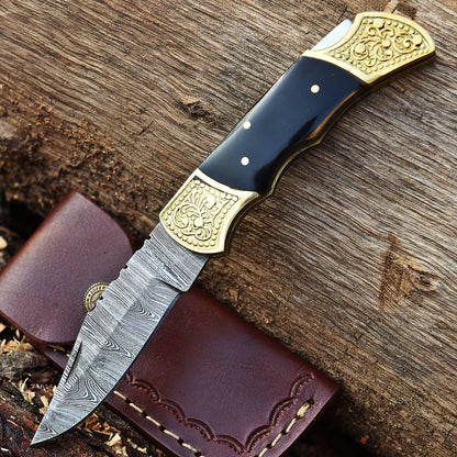 Handmade Damascus Steel Folding Blade Pocket Knife-Bull Horn Handle