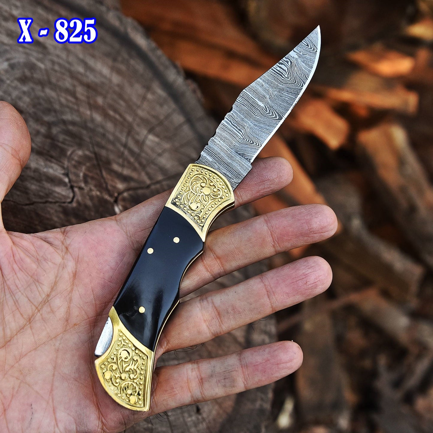 Handmade Damascus Steel Folding Blade Pocket Knife-Bull Horn Handle