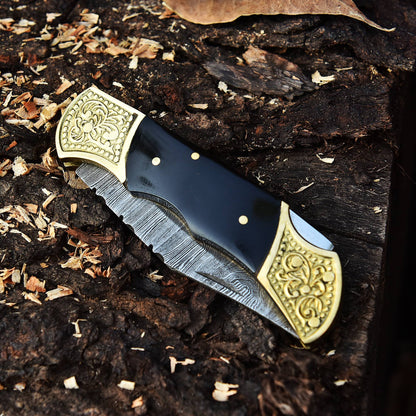 Handmade Damascus Steel Folding Blade Pocket Knife-Bull Horn Handle