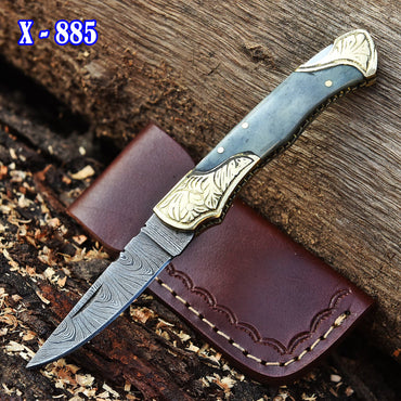 Handmade Folding Pocket Knife Camel Bone Engraved Double Brass Bolster Handle
