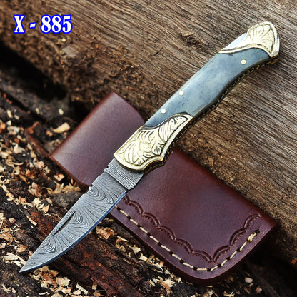 Handmade Folding Pocket Knife Camel Bone Engraved Double Brass Bolster Handle