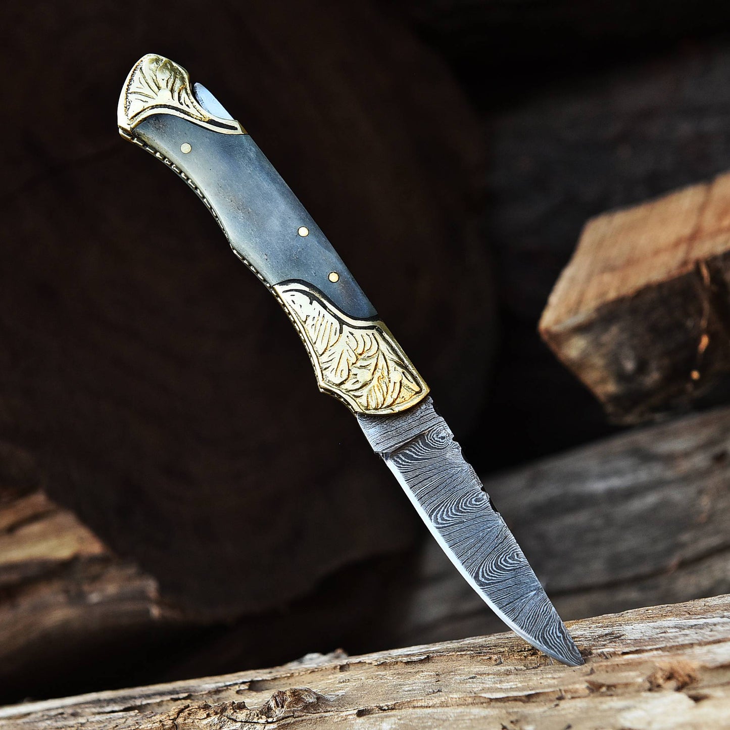 Handmade Folding Pocket Knife Camel Bone Engraved Double Brass Bolster Handle