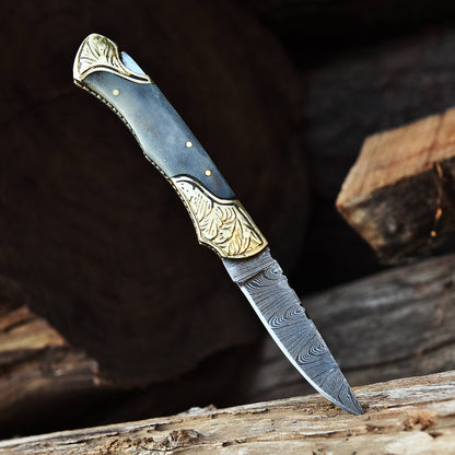 Handmade Folding Pocket Knife Camel Bone Engraved Double Brass Bolster Handle