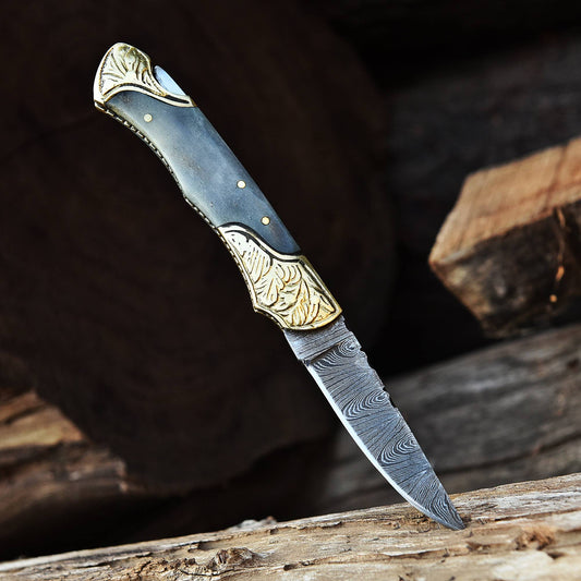 Handmade Folding Pocket Knife Camel Bone Engraved Double Brass Bolster Handle