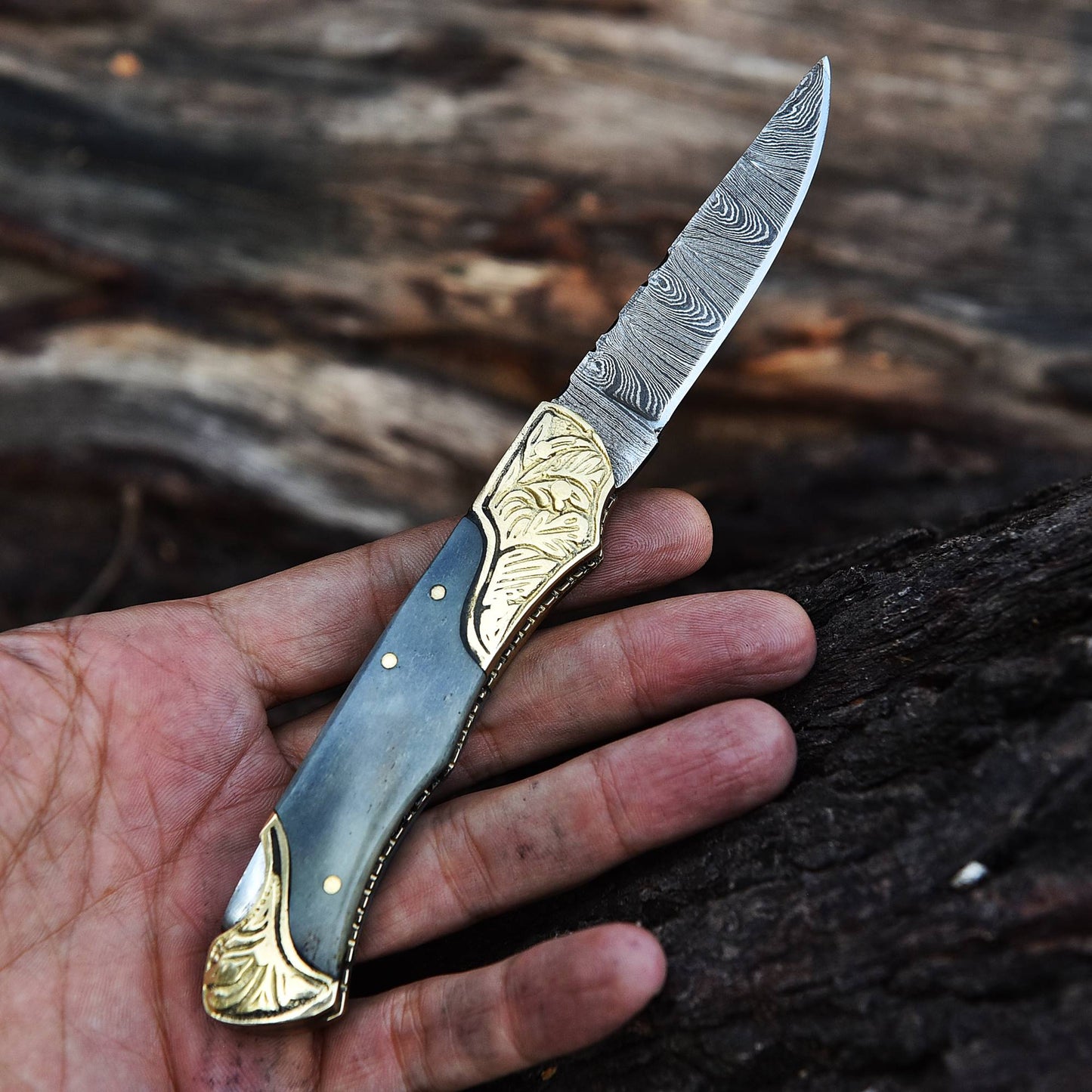 Handmade Folding Pocket Knife Camel Bone Engraved Double Brass Bolster Handle