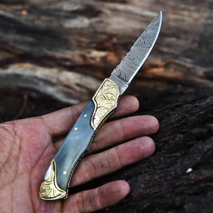 Handmade Folding Pocket Knife Camel Bone Engraved Double Brass Bolster Handle