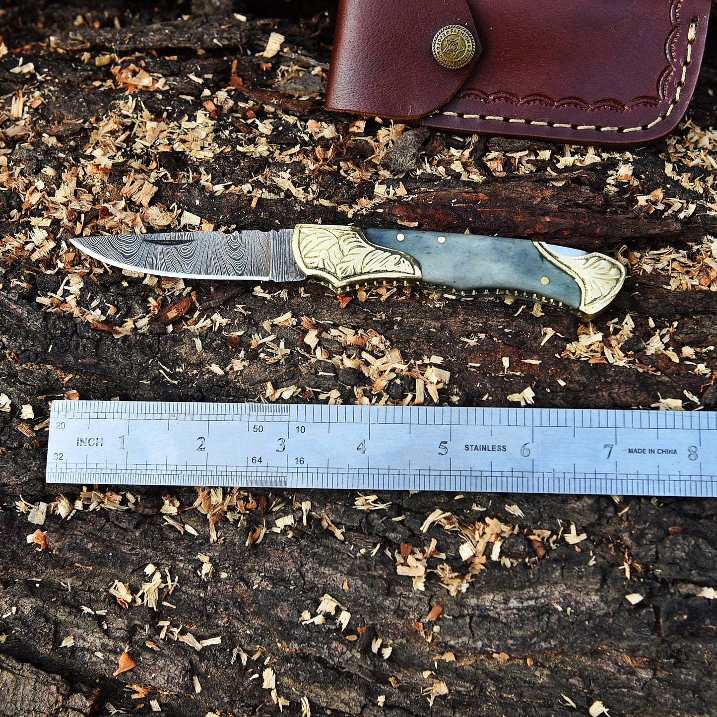 Handmade Folding Pocket Knife Camel Bone Engraved Double Brass Bolster Handle
