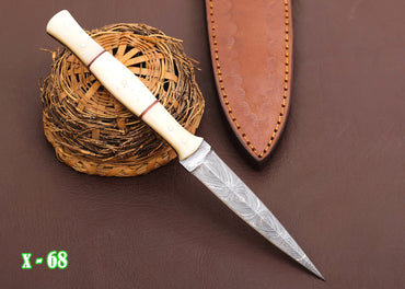 Custom Handmade Damascus Steel Combat Boot Knife Camel Bone Handle X-68