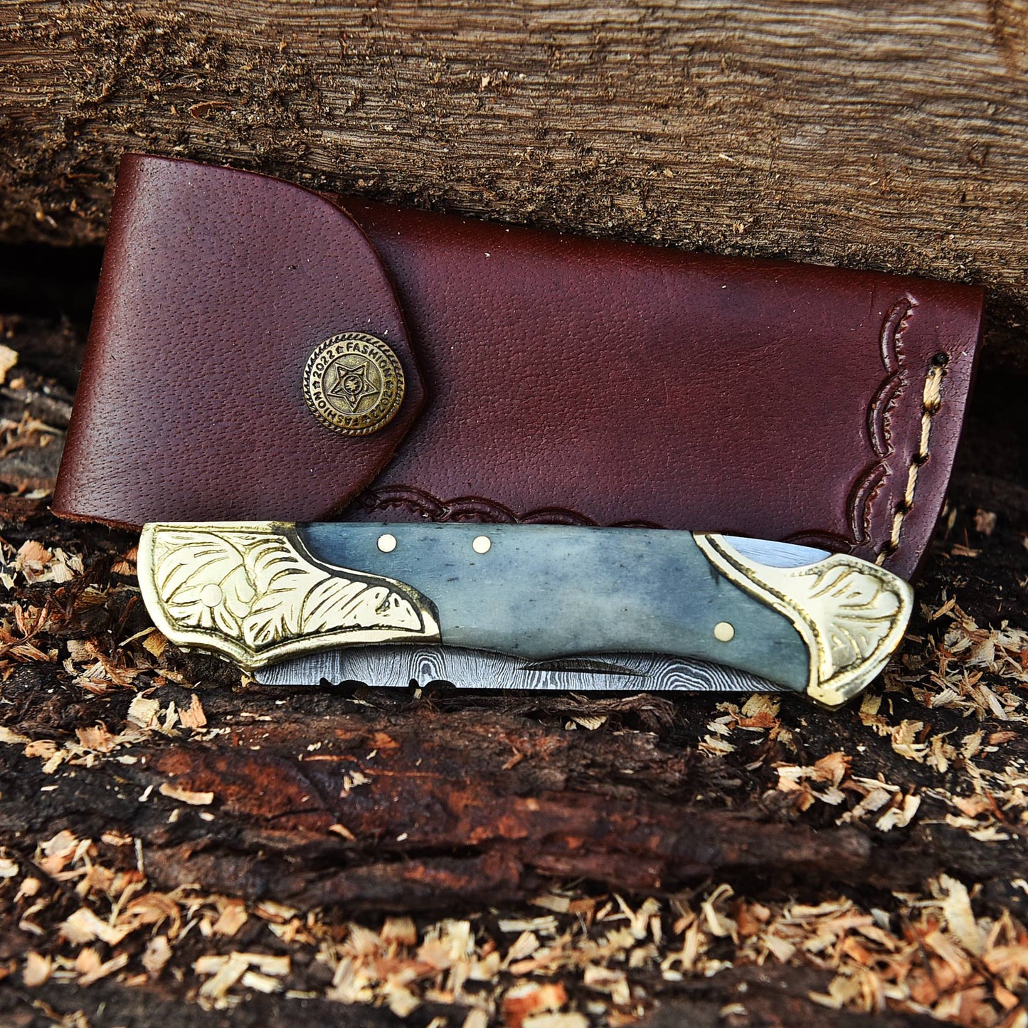 Handmade Folding Pocket Knife Camel Bone Engraved Double Brass Bolster Handle