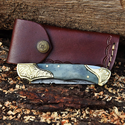 Handmade Folding Pocket Knife Camel Bone Engraved Double Brass Bolster Handle