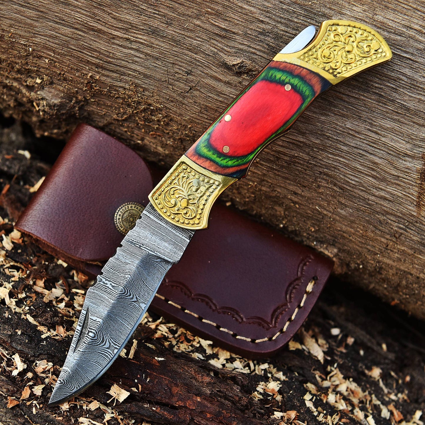 Handmade Damascus Folding Pocket Knife Camping Outdoor Knife Wood Handle