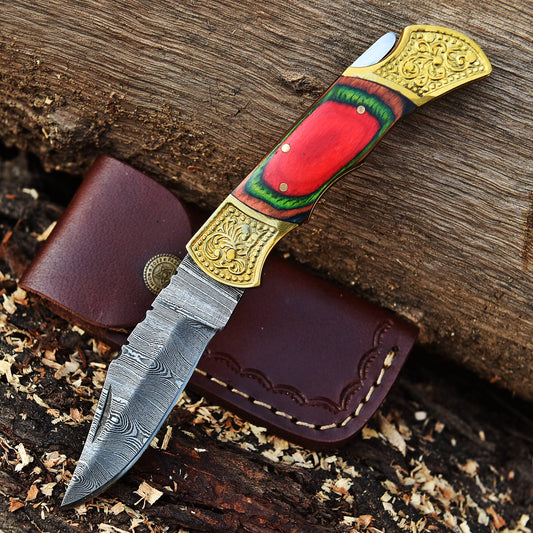 Handmade Damascus Folding Pocket Knife Camping Outdoor Knife Wood Handle