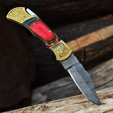 Handmade Damascus Folding Pocket Knife Camping Outdoor Knife Wood Handle