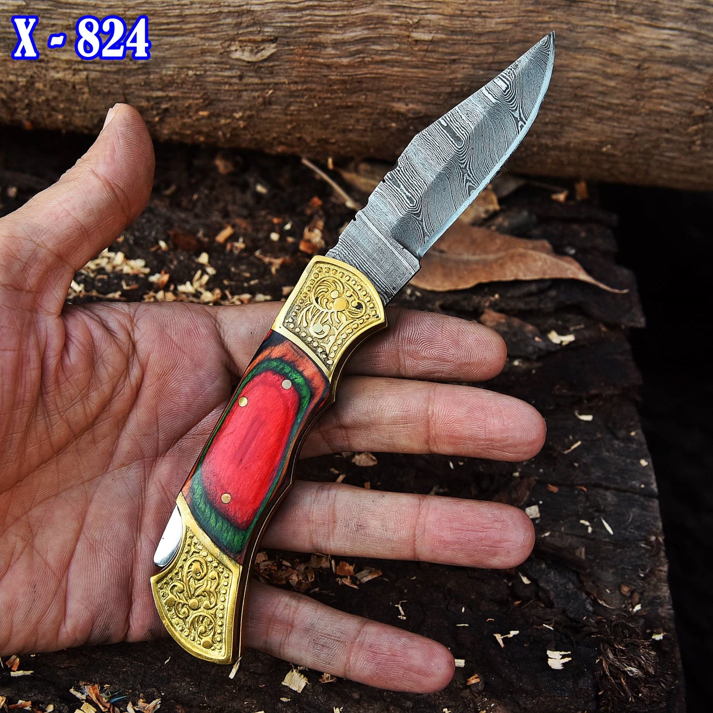 Handmade Damascus Folding Pocket Knife Camping Outdoor Knife Wood Handle