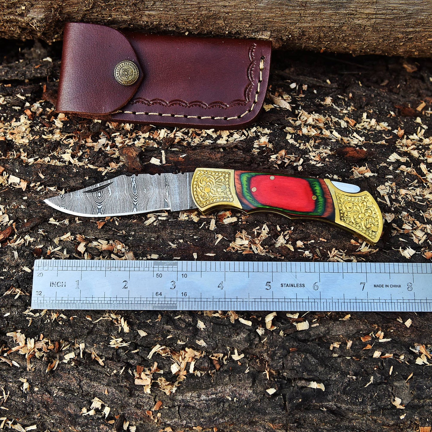 Handmade Damascus Folding Pocket Knife Camping Outdoor Knife Wood Handle