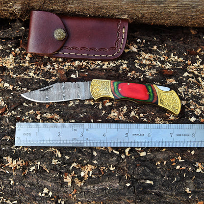 Handmade Damascus Folding Pocket Knife Camping Outdoor Knife Wood Handle