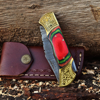 Handmade Damascus Folding Pocket Knife Camping Outdoor Knife Wood Handle