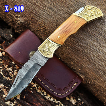 Custom Hand Forged Damascus Steel Folding Blade Pocket Knife- Olive Wood Handle