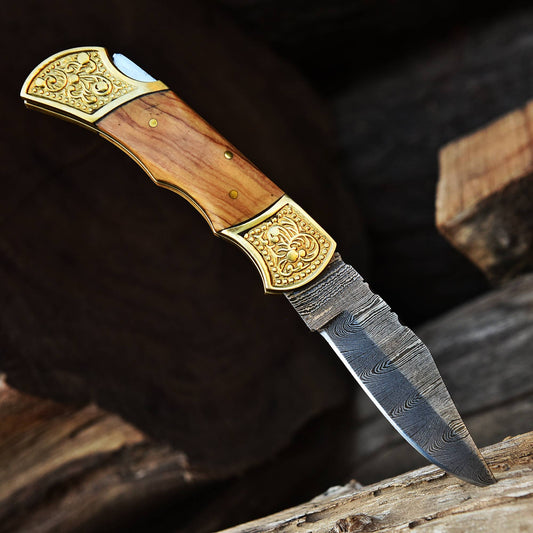 Custom Hand Forged Damascus Steel Folding Blade Pocket Knife- Olive Wood Handle