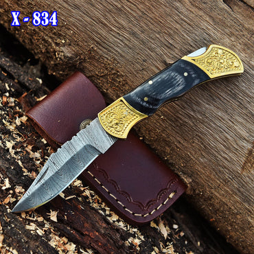 Handmade Damascus Steel Pocket Knife Folding Blade-Multi-tool Black PakkaWood Handle