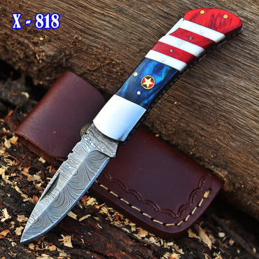 Custom Hand Forged Damascus Steel Folding Blade Pocket Knife-Flag Handle