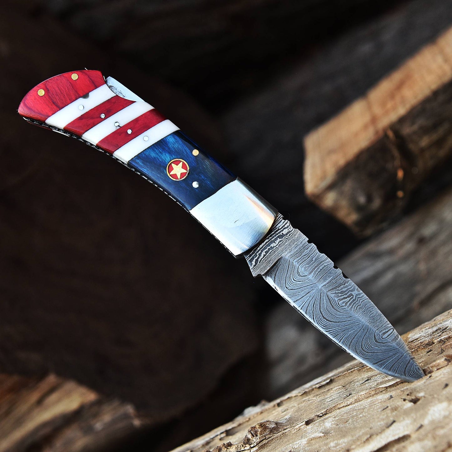 Handmade Damascus Steel Folding Knife Collector Knife Wood Resin Handle