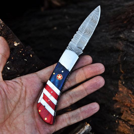 Custom Hand Forged Damascus Steel Folding Blade Pocket Knife-Flag Handle