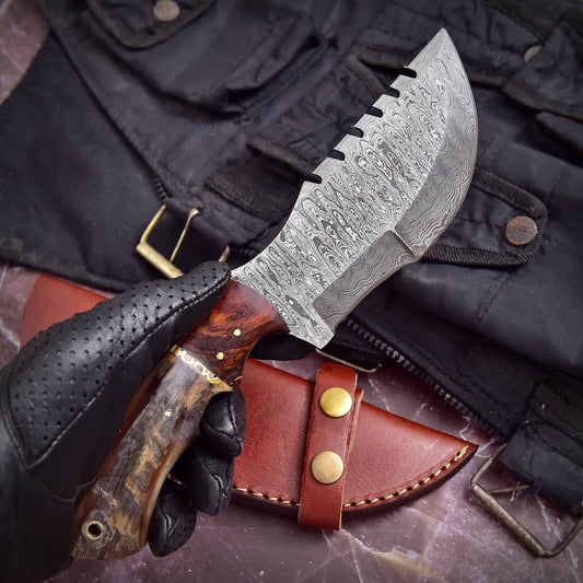 10" Handmade Damascus Steel Hunting Tracker Knife With Ram Horn & Cocobolo Wood Handle