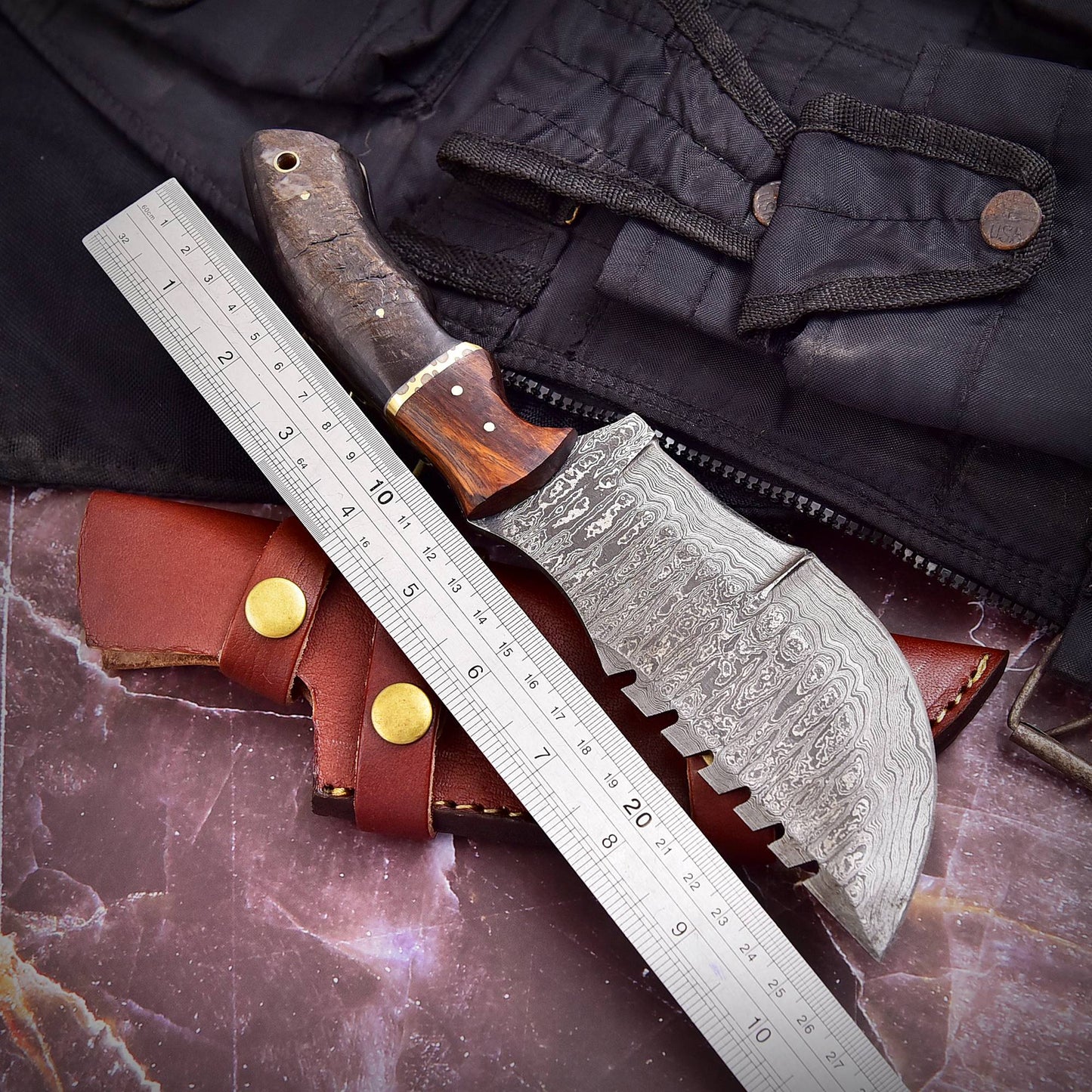 10" Handmade Damascus Steel Hunting Tracker Knife With Ram Horn & Cocobolo Wood Handle