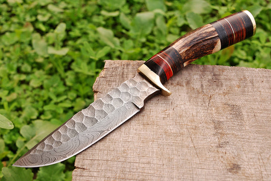 Handmade Forged Damascus Steel Kitchen Utility Knife Outdoor Camping with Deer Stag Antler Handle and Leather Sheath