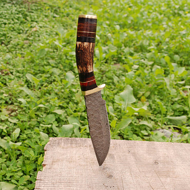 Handmade Forged Damascus Steel Kitchen Utility Knife Outdoor Camping with Deer Stag Antler Handle and Leather Sheath