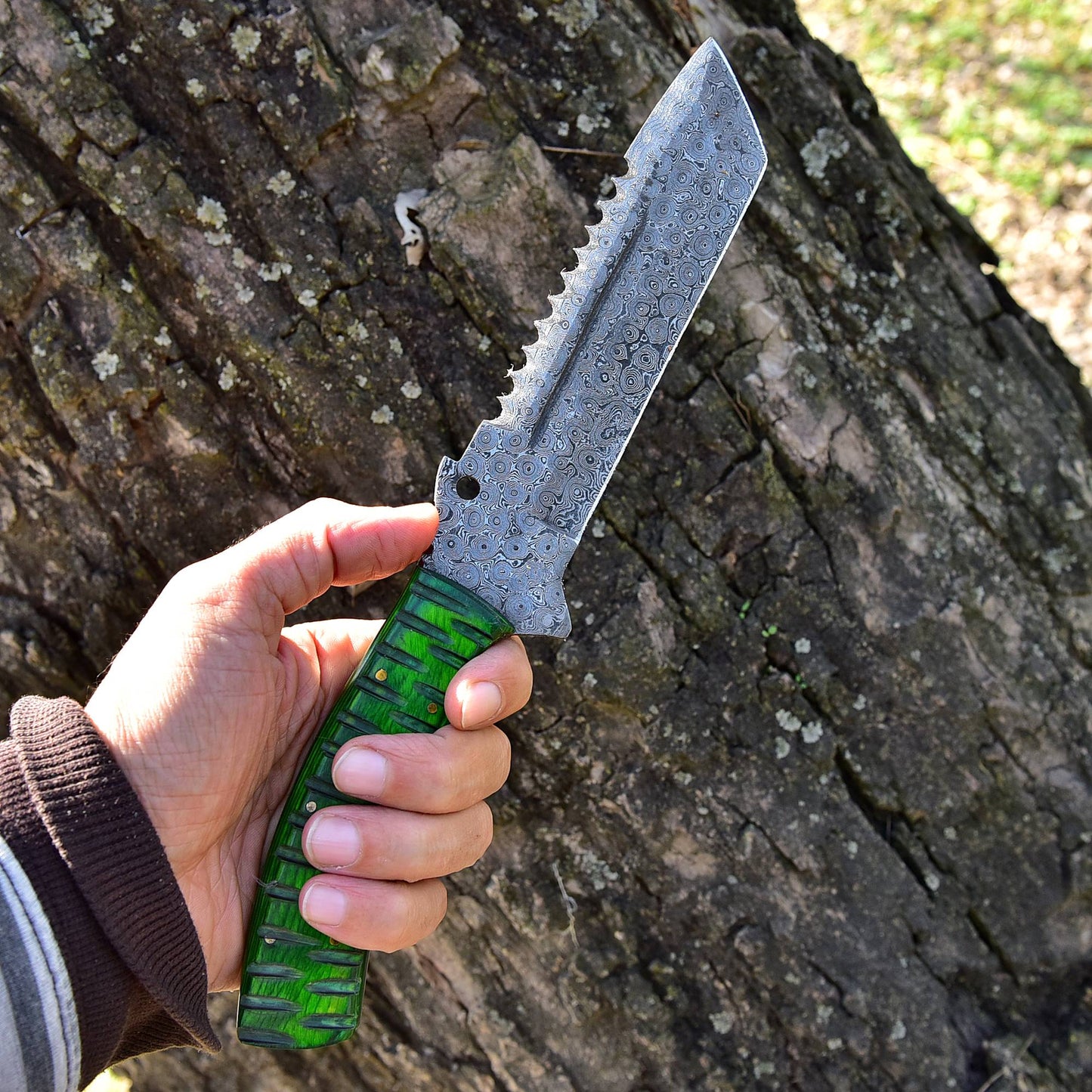 12" Custom Handmade Damascus Steel Tracker Knife- Stunning Wood Handle