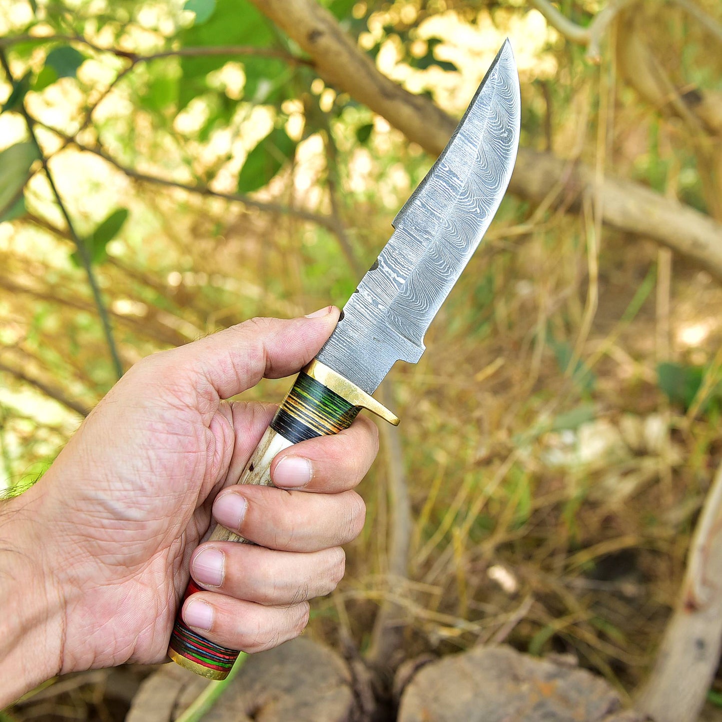 Custom Hand Forged Damascus Steel Adventure Camping EDC Knife Stage Handle